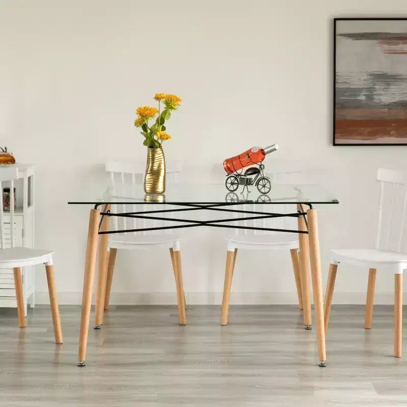Table d'appoint rectangulaire Fabulaxe en verre transparent avec 4 pieds en bois massif et cadre en hêtre | Petite table basse de loisirs moderne et peu encombrante