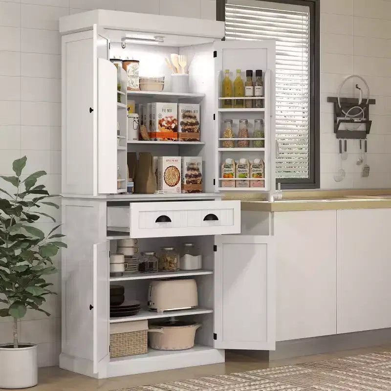 Meuble de Cuisine en MDF avec Éclairage LED, 6 Étagères de Porte, 1 Tiroir et 4 Étagères Réglables, 181,1 cm (H) x 76,5 cm (L) x 39,9 cm (P)