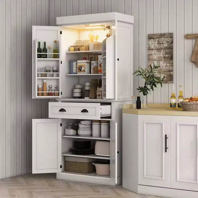 Meuble de Cuisine en MDF avec Éclairage LED, 6 Étagères de Porte, 1 Tiroir et 4 Étagères Réglables, 181,1 cm (H) x 76,5 cm (L) x 39,9 cm (P)