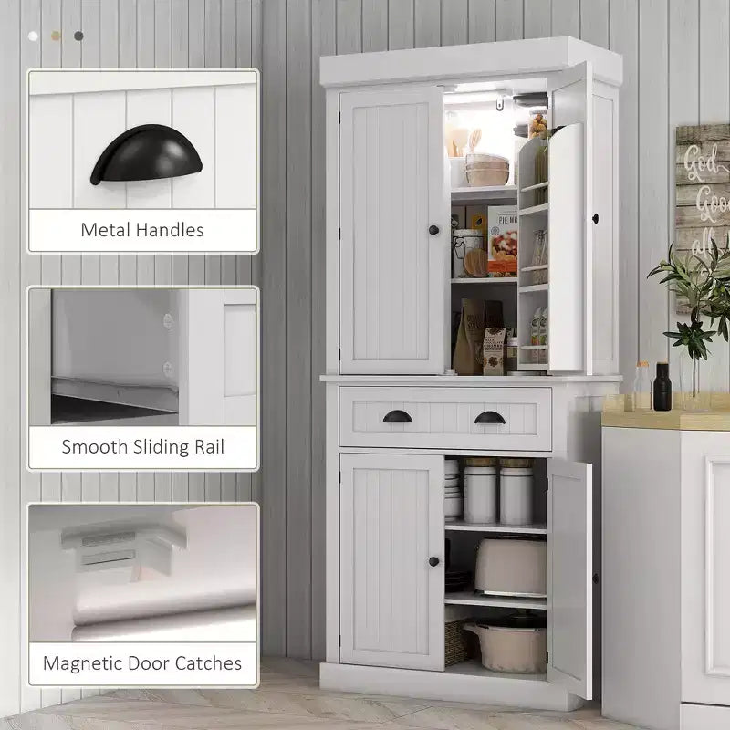 Meuble de Cuisine en MDF avec Éclairage LED, 6 Étagères de Porte, 1 Tiroir et 4 Étagères Réglables, 181,1 cm (H) x 76,5 cm (L) x 39,9 cm (P)