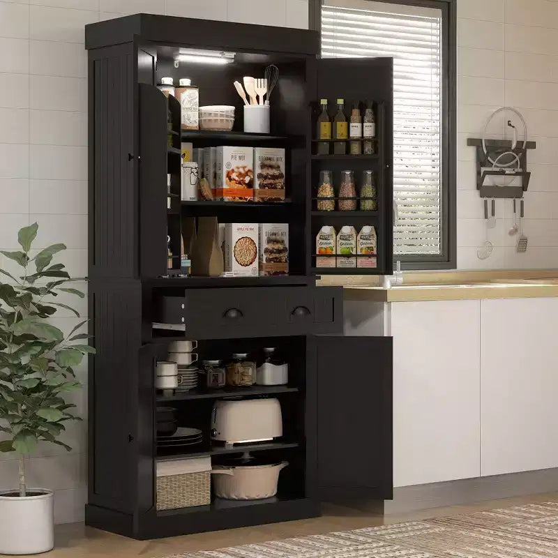 Meuble de Cuisine en MDF avec Éclairage LED, 6 Étagères de Porte, 1 Tiroir et 4 Étagères Réglables, 181,1 cm (H) x 76,5 cm (L) x 39,9 cm (P)