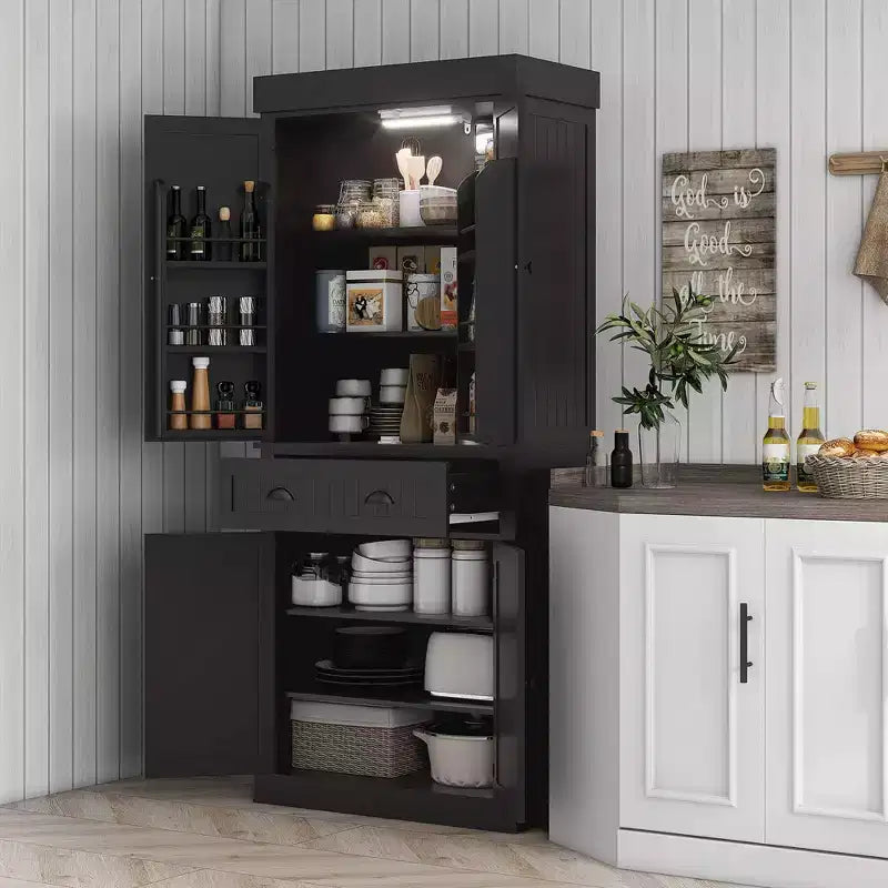 Meuble de Cuisine en MDF avec Éclairage LED, 6 Étagères de Porte, 1 Tiroir et 4 Étagères Réglables, 181,1 cm (H) x 76,5 cm (L) x 39,9 cm (P)
