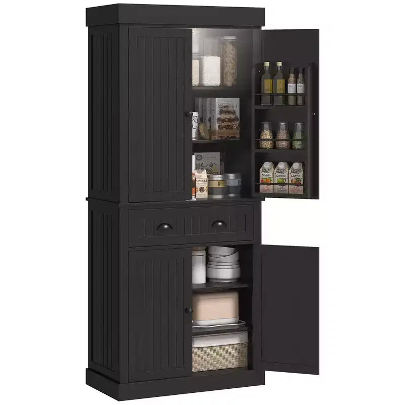 Meuble de Cuisine en MDF avec Éclairage LED, 6 Étagères de Porte, 1 Tiroir et 4 Étagères Réglables, 181,1 cm (H) x 76,5 cm (L) x 39,9 cm (P)