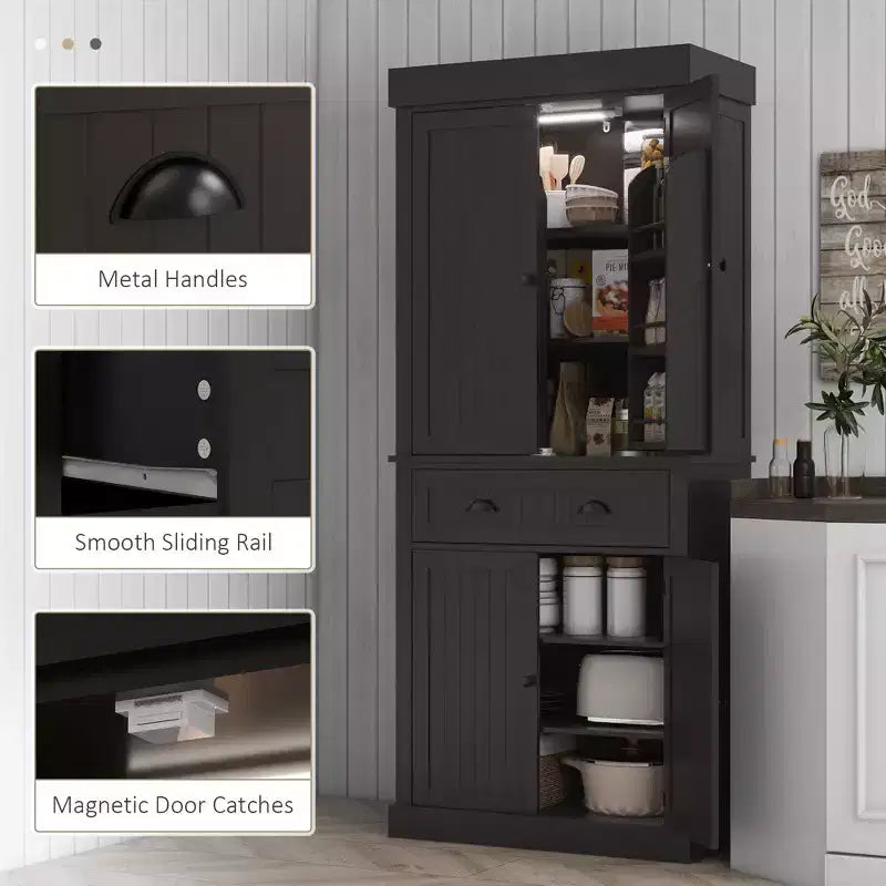 Meuble de Cuisine en MDF avec Éclairage LED, 6 Étagères de Porte, 1 Tiroir et 4 Étagères Réglables, 181,1 cm (H) x 76,5 cm (L) x 39,9 cm (P)