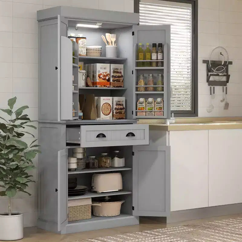 Meuble de Cuisine en MDF avec Éclairage LED, 6 Étagères de Porte, 1 Tiroir et 4 Étagères Réglables, 181,1 cm (H) x 76,5 cm (L) x 39,9 cm (P)