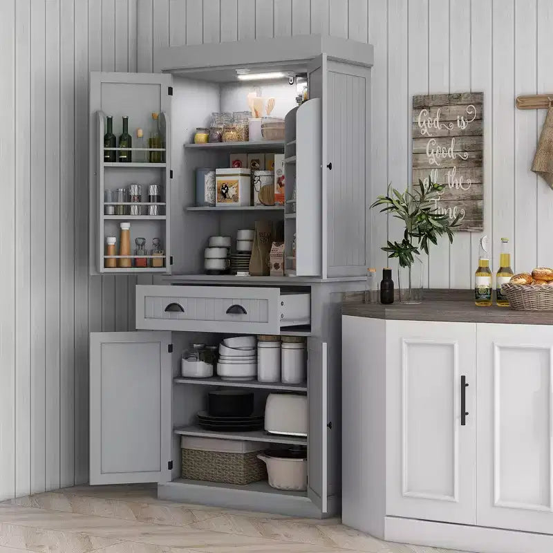 Meuble de Cuisine en MDF avec Éclairage LED, 6 Étagères de Porte, 1 Tiroir et 4 Étagères Réglables, 181,1 cm (H) x 76,5 cm (L) x 39,9 cm (P)