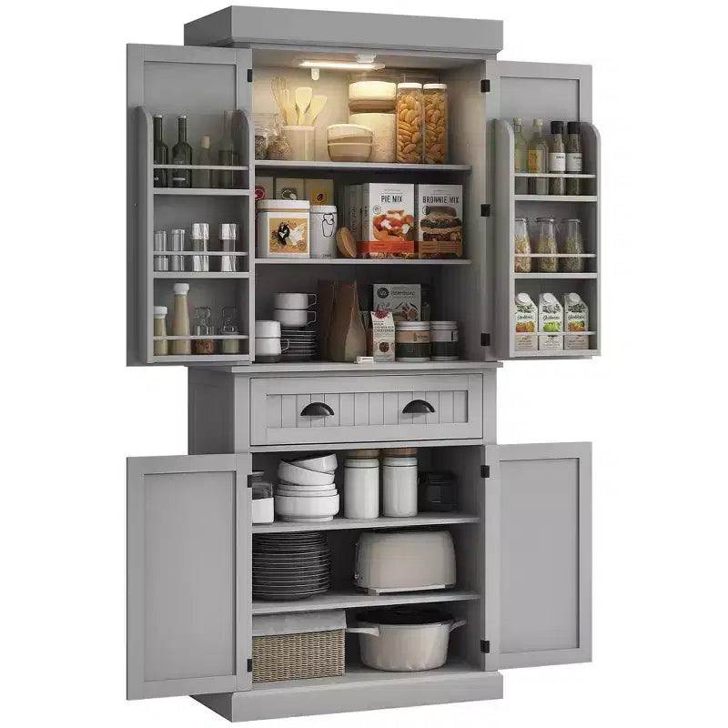 Meuble de Cuisine en MDF avec Éclairage LED, 6 Étagères de Porte, 1 Tiroir et 4 Étagères Réglables, 181,1 cm (H) x 76,5 cm (L) x 39,9 cm (P)