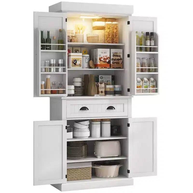 Meuble de Cuisine en MDF avec Éclairage LED, 6 Étagères de Porte, 1 Tiroir et 4 Étagères Réglables, 181,1 cm (H) x 76,5 cm (L) x 39,9 cm (P)