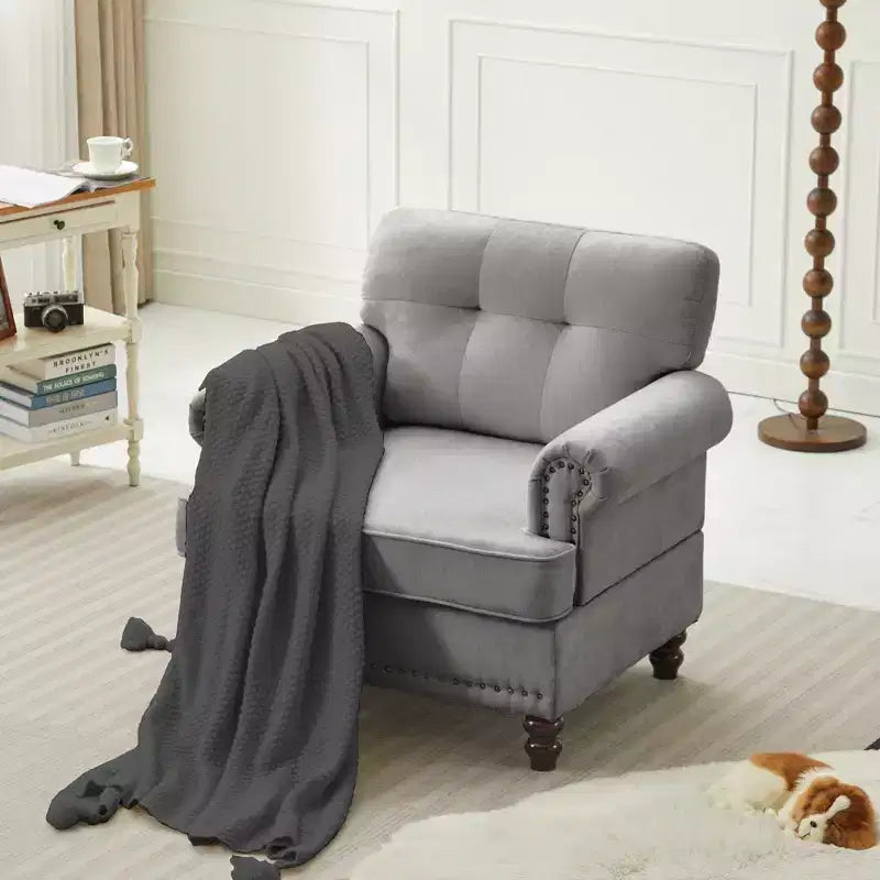 Fauteuil d'appoint en bois laminé et tissu chenille, 34,65"H x 33,07"L x 30"P