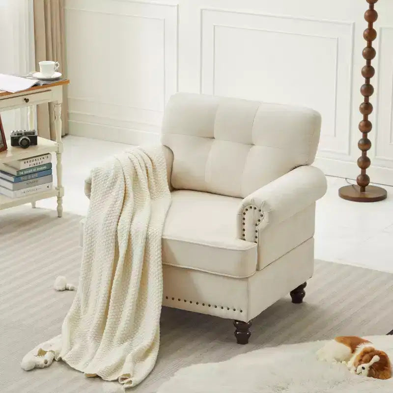 Fauteuil d'appoint en bois laminé et tissu chenille, 34,65"H x 33,07"L x 30"P