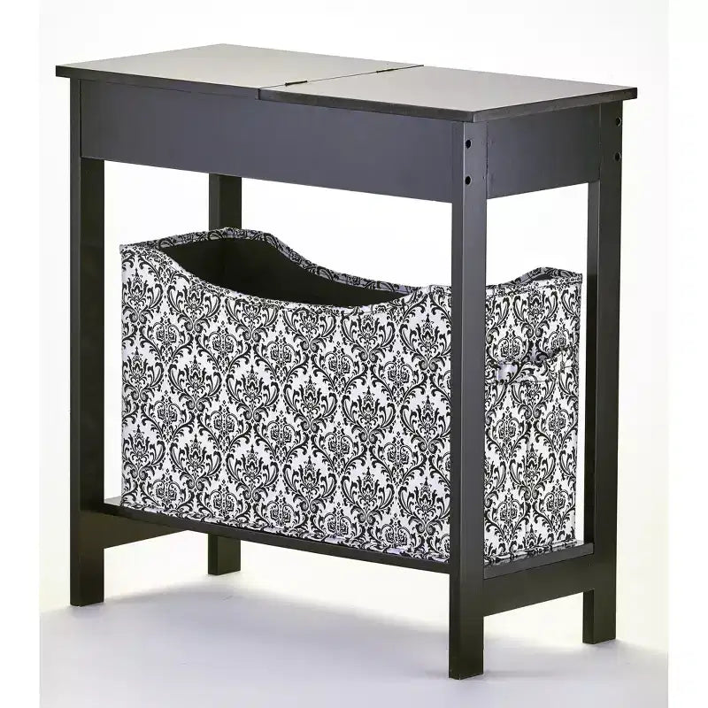 The Lakeside Collection Side Table with Fashion Print Storage Bin - Wood with Fabric Basket