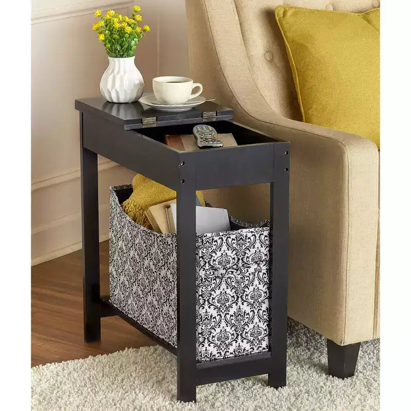 Table d'appoint en MDF avec plateau à charnière et panier de rangement en tissu, 59,7 cm (L) x 29,2 cm (P) x 61 cm (H)