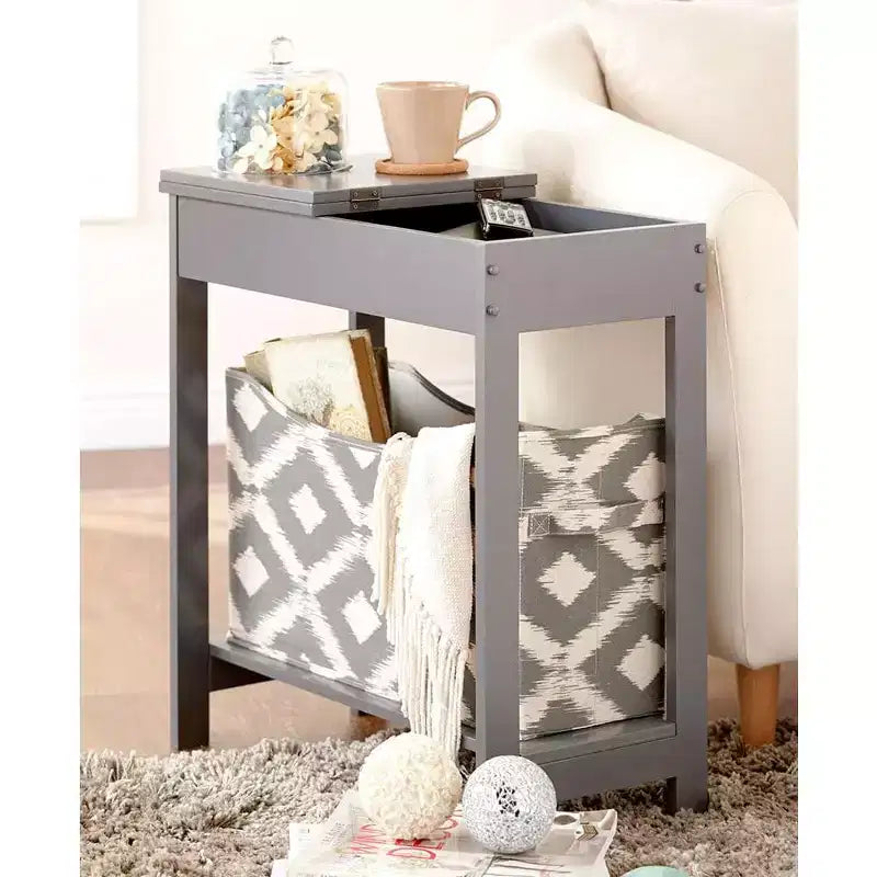 Table d'appoint en MDF avec plateau à charnière et panier de rangement en tissu, 59,7 cm (L) x 29,2 cm (P) x 61 cm (H)