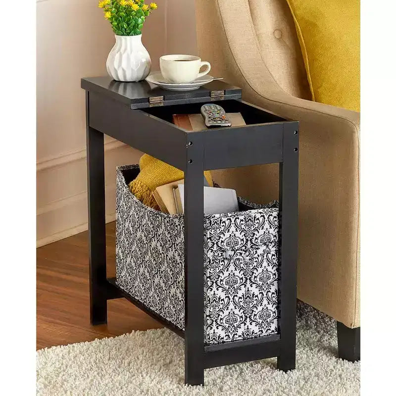 Table d'appoint en MDF avec plateau à charnière et panier de rangement en tissu, 59,7 cm (L) x 29,2 cm (P) x 61 cm (H)