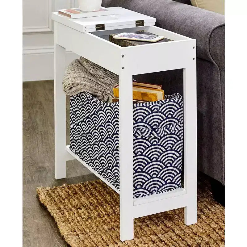 Table d'appoint en MDF avec plateau à charnière et panier de rangement en tissu, 59,7 cm (L) x 29,2 cm (P) x 61 cm (H)