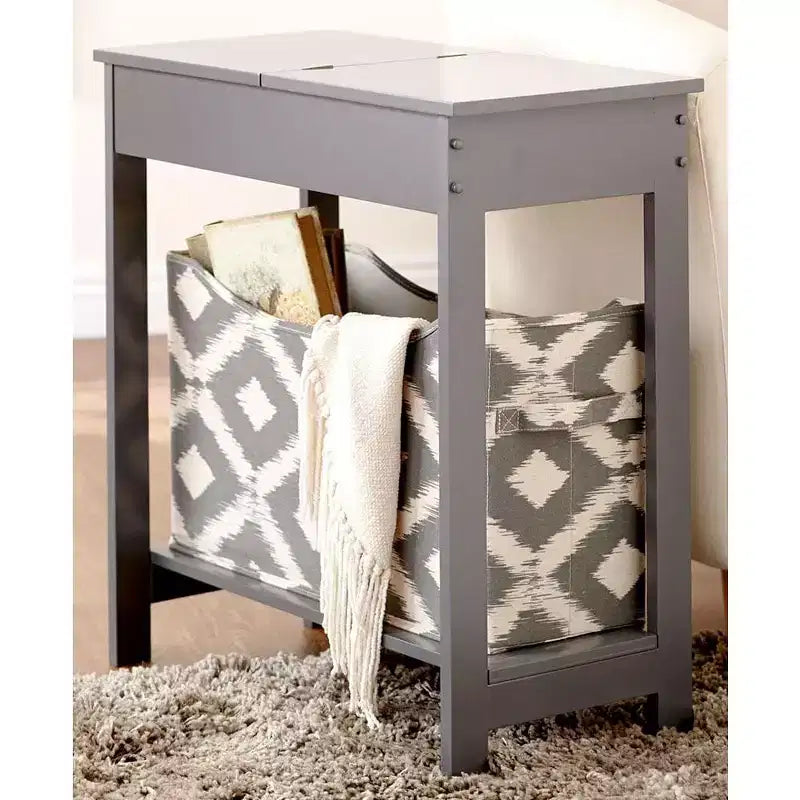 Table d'appoint en MDF avec plateau à charnière et panier de rangement en tissu, 59,7 cm (L) x 29,2 cm (P) x 61 cm (H)