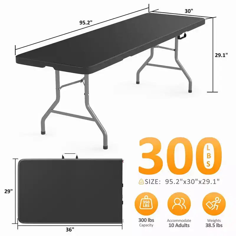 Table pliante portable en PEHD et acier, 96"L x 30"W x 30"H, 10-12 places