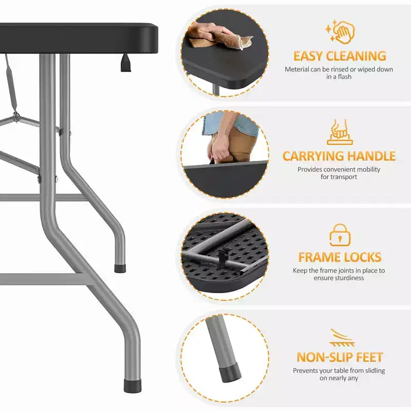Table pliante portable en PEHD et acier, 96"L x 30"W x 30"H, 10-12 places