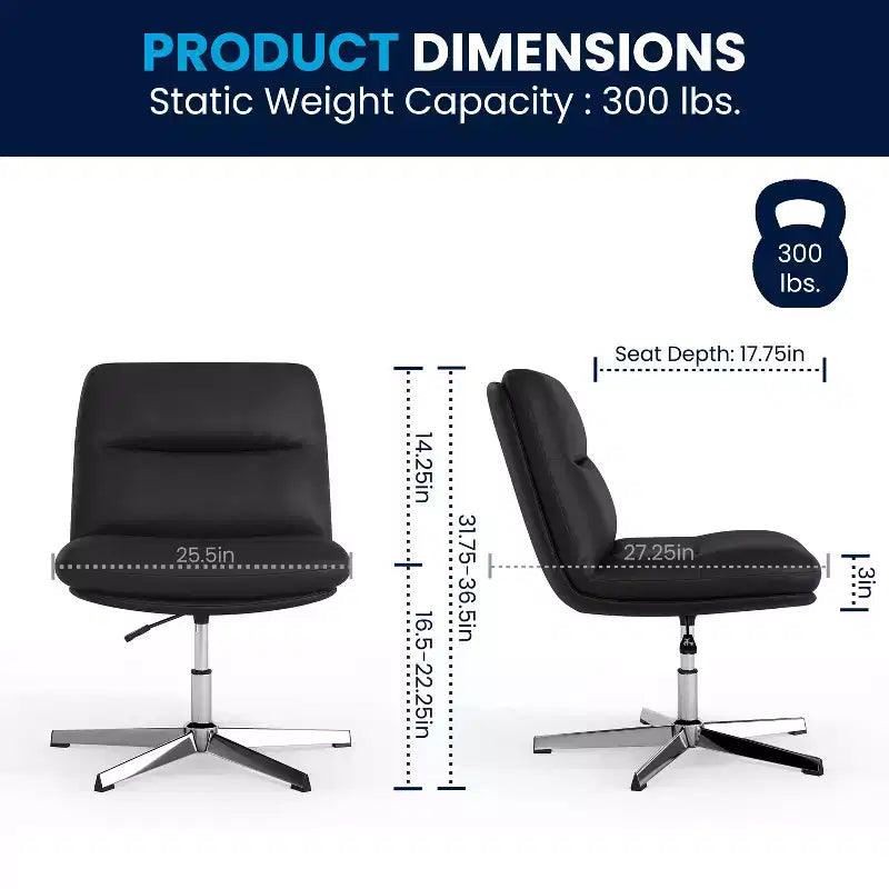 Fauteuil de bureau pivotant sans accoudoirs en cuir reconstitué avec réglage de la hauteur, capacité de 136 kg